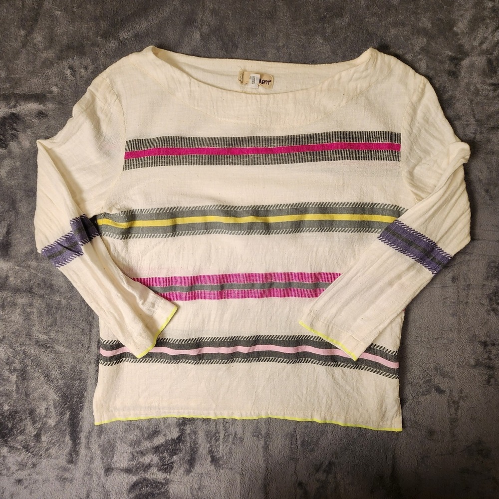 Lemlem Womens M Sweater 100% Merino Wool Striped Hand Woven Boatneck Top Ivory